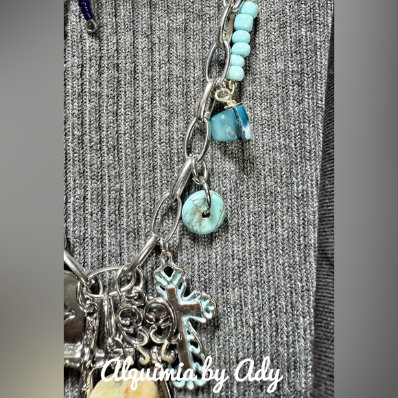 Multi turquoise charms layered statement bandanna scarf necklace - Picture 7 of 8